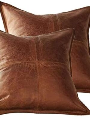 Lambskin Leather Pillow Cover - Decorative Sofa Cushion Case - Throw Covers for Living Room & Bedroom, 18" x 18" - Tan Antique Box Pack of 2