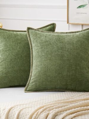 Pack of 2 Couch Throw Pillow Covers 20x20 Inch Sage Green Farmhouse Decorative Pillow Covers with Stitched Edge Soft Chenille Solid Dyed Spring Pillow Covers for Sofa Bed Living Room