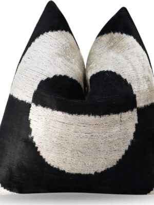 Luxury Black & White Abstract Velvet Throw Pillow - Handmade Decorative Cushion, 16x16 Inch, Down Feather Insert, Modern Minimalist Accent Pillow for Sofa, Couch & Bed