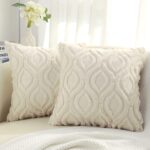 Throw Pillow Covers 18x18 Inch Set of 2, Soft Plush Faux Wool Beige Couch Pillow Covers, Spring Solid Dyed Accent Pillow Cases for Sofa Bed Living Room Home Decor