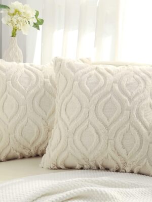 Throw Pillow Covers 18x18 Inch Set of 2, Soft Plush Faux Wool Beige Couch Pillow Covers, Spring Solid Dyed Accent Pillow Cases for Sofa Bed Living Room Home Decor