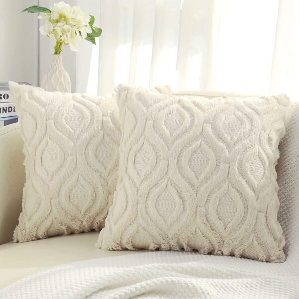 Throw Pillow Covers 18x18 Inch Set of 2, Soft Plush Faux Wool Beige Couch Pillow Covers, Spring Solid Dyed Accent Pillow Cases for Sofa Bed Living Room Home Decor