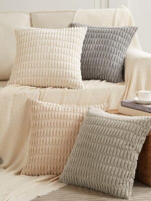 4 Packs Neutral Decorative Throw Pillow Covers 18x18 Inch for Living Room Couch Bed Sofa, Rustic Farmhouse Boho Home Decor, Soft Plush Striped Corduroy Square Cushion Case 45x45 cm