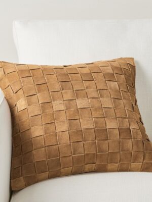 Genuine Lamb Leather Cushion Pillow Cover - Luxury Leather Pillow Case - Modern, Boho, Farmhouse Home Decor - Bedroom Couch, Living Room, Sofa Bed (Basketweave - Camel, 22" x 22")