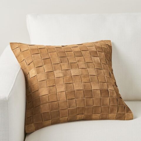 Genuine Lamb Leather Cushion Pillow Cover - Luxury Leather Pillow Case - Modern, Boho, Farmhouse Home Decor - Bedroom Couch, Living Room, Sofa Bed (Basketweave - Camel, 22" x 22")