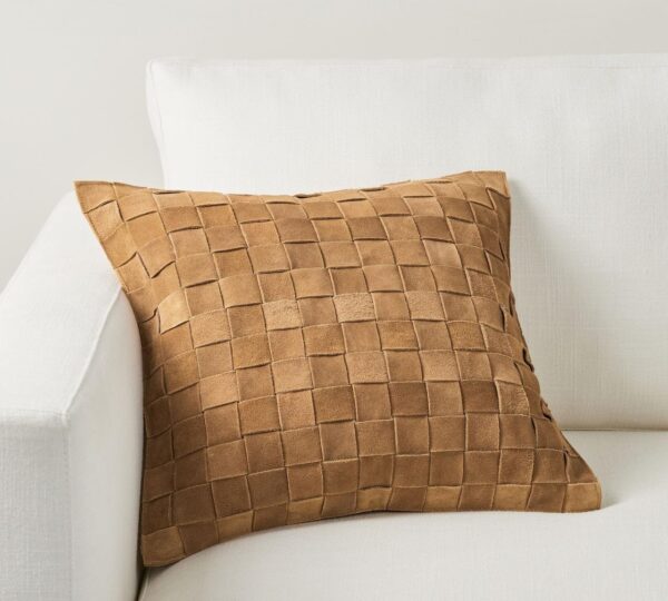 Genuine Lamb Leather Cushion Pillow Cover - Luxury Leather Pillow Case - Modern, Boho, Farmhouse Home Decor - Bedroom Couch, Living Room, Sofa Bed (Basketweave - Camel, 22" x 22")