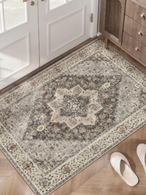 Vintage 2x3 Washable Rug for Entryway, Non Slip Small Indoor Front Door Rug, Print Distressed Grey/Brown Door Mat Carpet, Soft Low Pile Rugs for Entrance Kitchen Bedroom Bathroom
