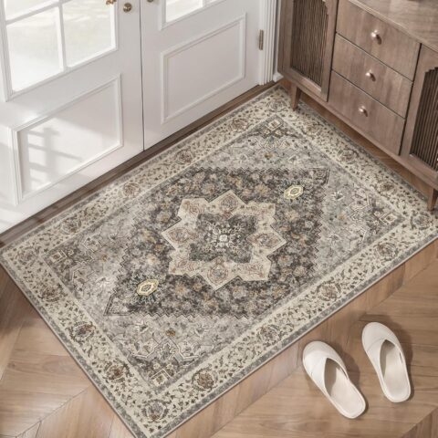 Vintage 2x3 Washable Rug for Entryway, Non Slip Small Indoor Front Door Rug, Print Distressed Grey/Brown Door Mat Carpet, Soft Low Pile Rugs for Entrance Kitchen Bedroom Bathroom