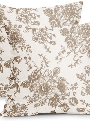 Vintage Floral Pillow Covers 18x18 Inch Set of 2 Tan and Cream Floral Throw Pillow Covers Chinoiserie Flower Pillowcases Rustic Farmhouse Cotton Linen Cushion Covers for Couch Bed Sofa Home Decor