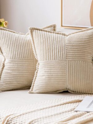 Corduroy Pillow Covers with Splicing Set of 2 Super Soft Boho Striped Pillow Covers Broadside Decorative Spring Throw Pillows for Couch Cushion Livingroom 18x18 inch, Beige