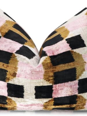 Handmade Pink & Brown Geometric Silk Velvet Throw Pillow – 16x24 Inch, Naturally Dyed, Down Feather Insert, Luxury Decorative Cushion for Sofa & Bed