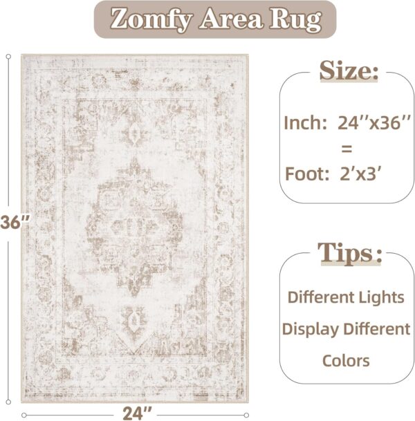 Area Rug 2x3 Vintage Rug: Small Washable Indoor Medallion Entryway Rug Low Pile Distressed Floor Carpet Retro Accent Doormat for Bedroom Bathroom Hallway Kitchen Home Office(Beige, 2'x3')