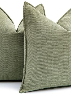 Pack of 2 Sage Green Decorative Pillow Covers 20x20 Inch Soft Chenille Luxurious Couch Throw Pillows Farmhouse Cushion Covers with Elegant Design for Sofa Bedroom Living Room Home Decor