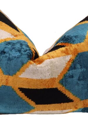 Handmade Velvet Throw Pillow, 16x24 Inches, Premium Down Feather Insert, Geometric Blue, Gold, Black Design, Soft and Luxurious Cushion for Sofa, Bedroom, and Living Room