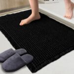 Waffle Bath Mat Black Super Absorbent Non Slip Bathroom Rug Geometric 18x30inch,Machine Washable Ultra Soft Floor Mats