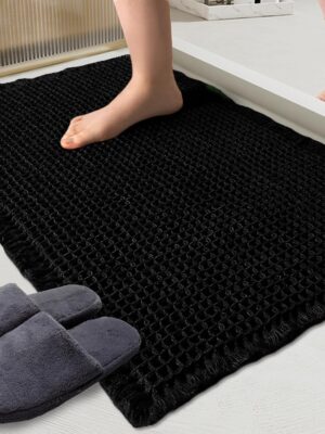 Waffle Bath Mat Black Super Absorbent Non Slip Bathroom Rug Geometric 18x30inch,Machine Washable Ultra Soft Floor Mats
