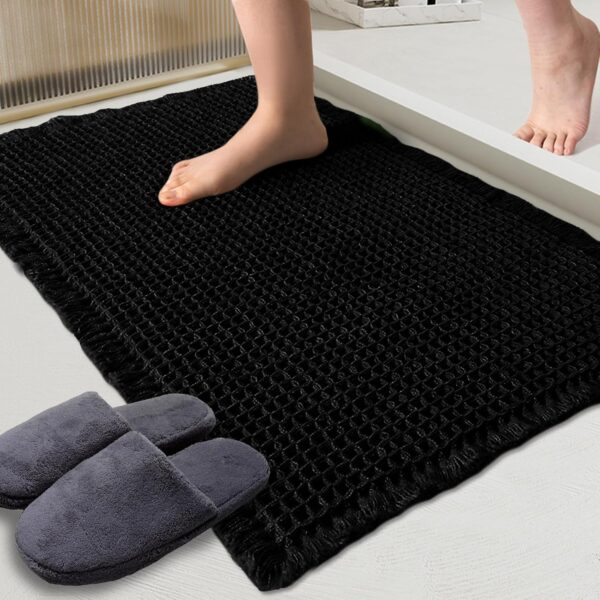 Waffle Bath Mat Black Super Absorbent Non Slip Bathroom Rug Geometric 18x30inch,Machine Washable Ultra Soft Floor Mats