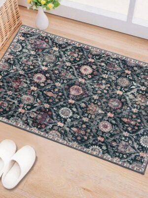 Moroccan Trellis Washable Rug, 2x3 Entryway Rugs for Kitchen Bathroom, Non-Slip Indoor Door Mat Ultra-Thin, Small Oriental Throw Carpet for Bedroom Entry, Black/Multi