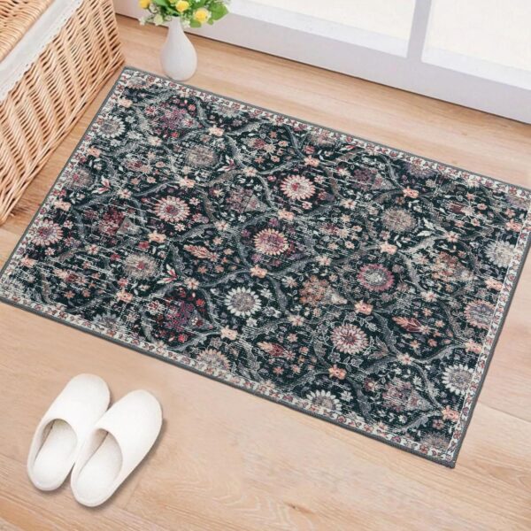 Moroccan Trellis Washable Rug, 2x3 Entryway Rugs for Kitchen Bathroom, Non-Slip Indoor Door Mat Ultra-Thin, Small Oriental Throw Carpet for Bedroom Entry, Black/Multi