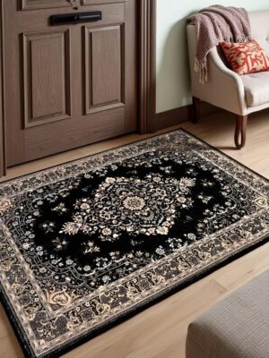 2x3 Area Rug Small Black Rugs for Bedroom, Washable Rug for Entryway, Faux Wool Non Slip Low Pile Indoor Door Mat for Entrance Small Kitchen Rugs Vintage Floral Rug for Living Room Dorm Decor