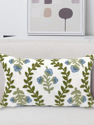 Spring Floral Embroidered Decorative Throw Pillow Cover 12"x 20", Farmhouse Blue Flowers Green Leaves Patterned Cotton Canvas Lumbar Cushion Case for Sofa Couch Living Room Cottage Decor