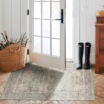 2x3 Washable Area Rug Indoor Entryway Vintage Rug Print Rug Low-Pile Floor Carpet for Indoor Front Entrance Kitchen Bathroom, Olive Charcoal