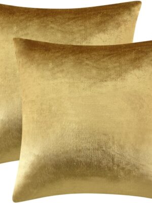 Gold Velvet Decorative 20x20 Throw Pillow Covers for Sofa Bed 2 Pack Soft Cushion Cover