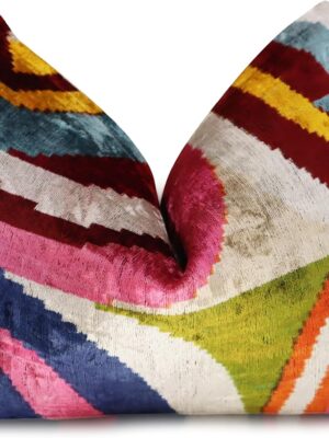 Handmade Multi-Color Rainbow Silk Velvet Throw Pillow – 16x24 Inch, Naturally Dyed, Decorative Accent Cushion with Down Feather Insert – Luxury Bohemian Ikat Pattern for Sofa & Bed