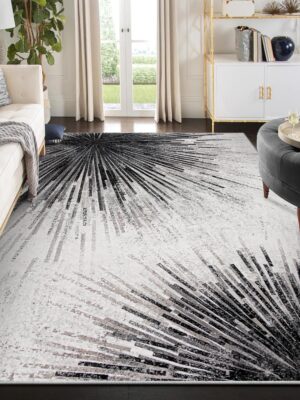 Modern Black 10x14 Rug for Living Room, Large Washable Area Rug Non-Slip Ultra-Thin Stain Resistant Carpet for Dining Room Table, Abstract Print Indoor Carpet for Bedroom Office