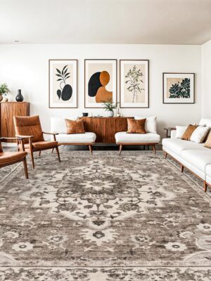 Washable Oriental Area Rug - 10x14 Rugs for Living Room Soft Carpet for Bedroom Waterproof Floral Distressed Indoor Stain Resistant Non-Shedding Floor Carpets (Beige, 10X14)
