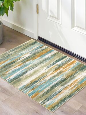 Modern Abstract Entryway Rug Indoor 2x3 Washable Rug Non-Slip Soft Small Area Rug Green Orange Multi Kitchen Mats Thin Print Faux Wool Floor Carpet Throw Rugs for Entrance Bedroom Home Decor