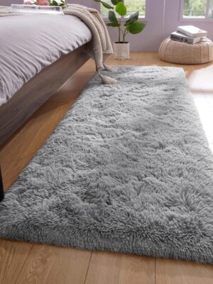 Shag Runner Rug Non Slip for Bedroom Living Room Soft Small Rugs for Dorm, 2x6 Feet Grey Plush Carpet Runner for Nursery Dorm, Fuzzy Bedside Rug for Kids Boys Girls Room Home Decor