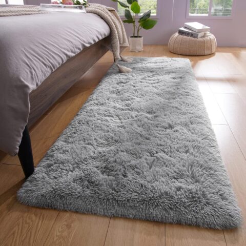 Shag Runner Rug Non Slip for Bedroom Living Room Soft Small Rugs for Dorm, 2x6 Feet Grey Plush Carpet Runner for Nursery Dorm, Fuzzy Bedside Rug for Kids Boys Girls Room Home Decor