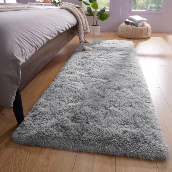 Shag Runner Rug Non Slip for Bedroom Living Room Soft Small Rugs for Dorm, 2x6 Feet Grey Plush Carpet Runner for Nursery Dorm, Fuzzy Bedside Rug for Kids Boys Girls Room Home Decor