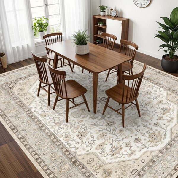 Living Room Area Rugs 10x14: Extra Large Area Rug Super Soft Distressed Oriental Rugs with Non-Slip Backing - Thin Stain Resistant Indoor Rug - 10x14 Ivory