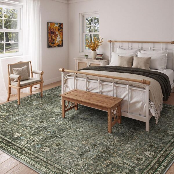 Green 10x14 Area Rugs for Living Room, Washable Vintage Large Floor Rugs for Bedroom, Rubber Backed Non-Slip Carpet for Dining Room Office
