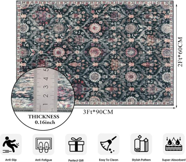 Moroccan Trellis Washable Rug, 2x3 Entryway Rugs for Kitchen Bathroom, Non-Slip Indoor Door Mat Ultra-Thin, Small Oriental Throw Carpet for Bedroom Entry, Black/Multi