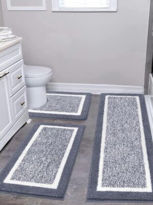 Bathroom Rug Mat Set 3 Piece, Microfiber Shaggy Bath Set, Non-Slip Ultra Soft Carpet Mats, Absorbent with U-Shaped Toilet for Bathroom, Tub, Shower, Dark Grey