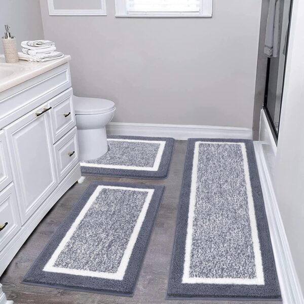 Bathroom Rug Mat Set 3 Piece, Microfiber Shaggy Bath Set, Non-Slip Ultra Soft Carpet Mats, Absorbent with U-Shaped Toilet for Bathroom, Tub, Shower, Dark Grey