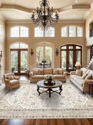 Living Room Area Rugs 10x14: Extra Large Area Rug Super Soft Distressed Oriental Rugs with Non-Slip Backing - Thin Stain Resistant Indoor Rug - 10x14 Ivory