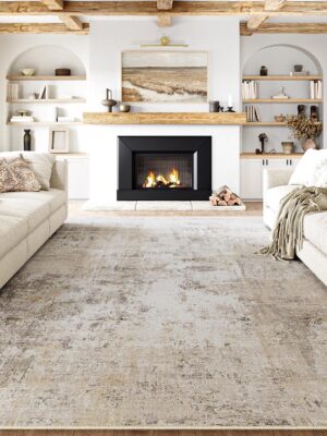 10x14 Washable Area Rug Beige Grey Neutral Abstract Living Room Bedroom Large Throw Rug Non Slip Soft Low Pile Indoor Floor Carpet for Dining Room Kitchen Office Entryway