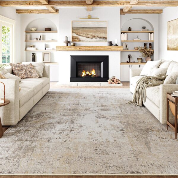 10x14 Washable Area Rug Beige Grey Neutral Abstract Living Room Bedroom Large Throw Rug Non Slip Soft Low Pile Indoor Floor Carpet for Dining Room Kitchen Office Entryway