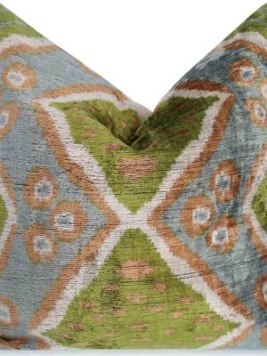 Handmade Velvet Throw Pillow with Geometric Ikat Design - Premium Down Feather Insert - Green, Blue, and Natural Colors - 20x20 Inch Decorative Accent Cushion for Living Room, Sofa, or Bedroom