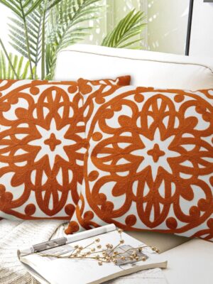 Embroidered Decorative Throw Pillow Cover 18x18 inches Set of 2 Pieces, Boho Mandala Modern Chic Classic Pattern Cotton Cushion Case for Sofa Couch Bed Living Room(Burnt Orange)