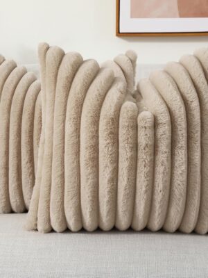 Faux Fur Throw Pillow Covers 18x18 Set of 2, Decorative Soft Plush Striped Couch Pillow Covers with Velvet Back for Sofa, Bed, Living Room, Khaki