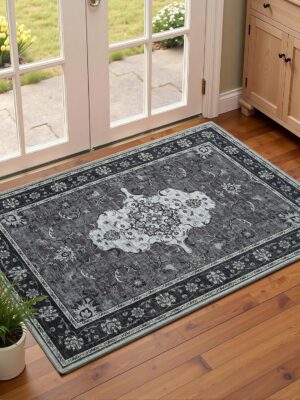 2x3 Front Door Rug,Vintage Washable Area Rugs for Entryway, Non Slip Small Indoor Floor Carpet, Print Black/Grey Door Mat, Soft Low Pile Carpets for Entrance Kitchen Bedroom Bathroom