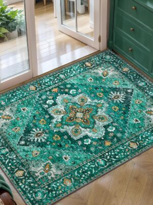 Vintage Rug 2x3 Washable Rug for Entryway, Non Slip Small Area Rug, Indoor Front Door Rug, Print Distressed Emerald Door Mat Carpet, Soft Low Pile Rugs for Entrance Kitchen Bedroom Bathroom