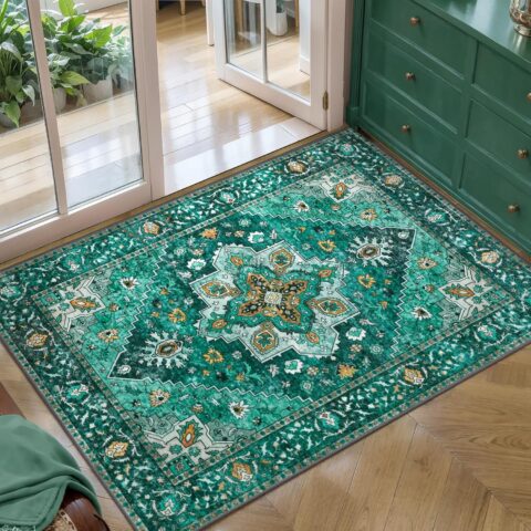 Vintage Rug 2x3 Washable Rug for Entryway, Non Slip Small Area Rug, Indoor Front Door Rug, Print Distressed Emerald Door Mat Carpet, Soft Low Pile Rugs for Entrance Kitchen Bedroom Bathroom
