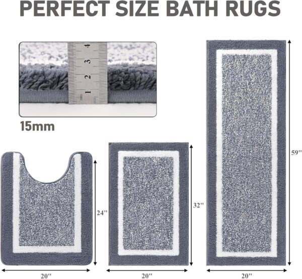 Bathroom Rug Mat Set 3 Piece, Microfiber Shaggy Bath Set, Non-Slip Ultra Soft Carpet Mats, Absorbent with U-Shaped Toilet for Bathroom, Tub, Shower, Dark Grey
