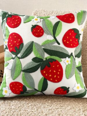 Embroidered Throw Pillow Cover - 18x18 inch Decorative Pillow Covers with Zipper Pillow Cover for Living Room Couch Sofa Bed Aesthetic Design Strawberry Linen Cotton Pillowcase Covers